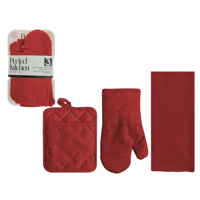 Perfect Kitchen 3pc Set - Oven Mitt, Potholder, Dish Towel, Red