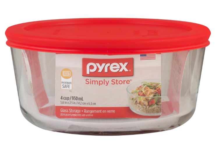 Pyrex Simply Store Storage Plus Glass Container 4-cup Round, Red Plastic Cover