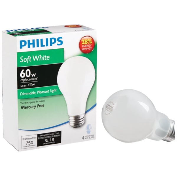 ****Philips EcoVantage 60W Equivalent Soft White Medium Base A19 Halogen Light Bulb (4-Pack)