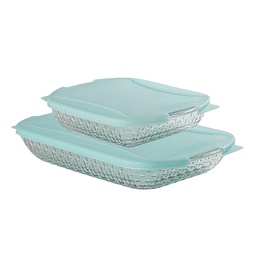 [13779L20] Anchor Hocking Heritage Basketweave 4pc Set, Clear/Teal (Incl 8 In. Square and 3 qt. Baking Dish w/Sunbleached Teal Embrace Lids)